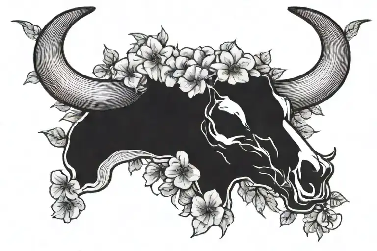 Longhorn Skull Surrounded By Violets Morning Glory's
