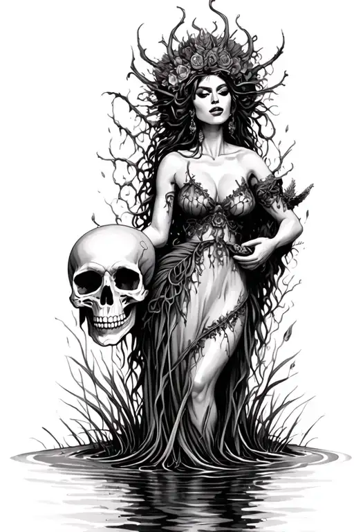 Voodoo Queen Holding Skull In Swamp
