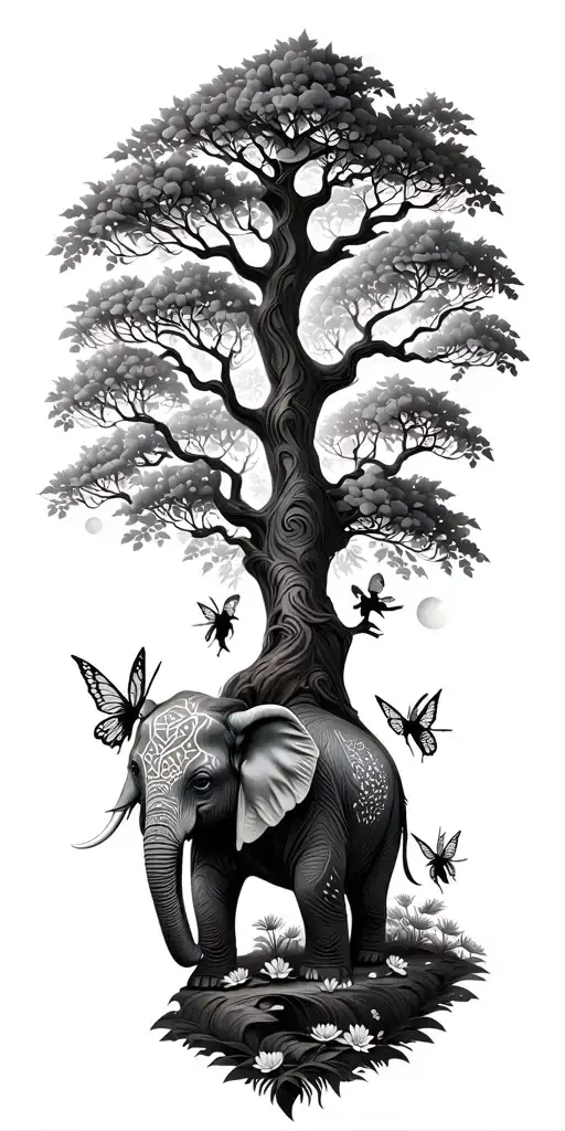 Big Tree With Flowers And Fairies And A Mystical Elephant With Geometric Designs Filling Blank Space