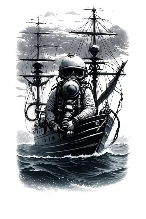 Deep Sea Diver Under Water In A Ship