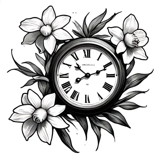 Half Sleeve Clock And Daffodil Flowers