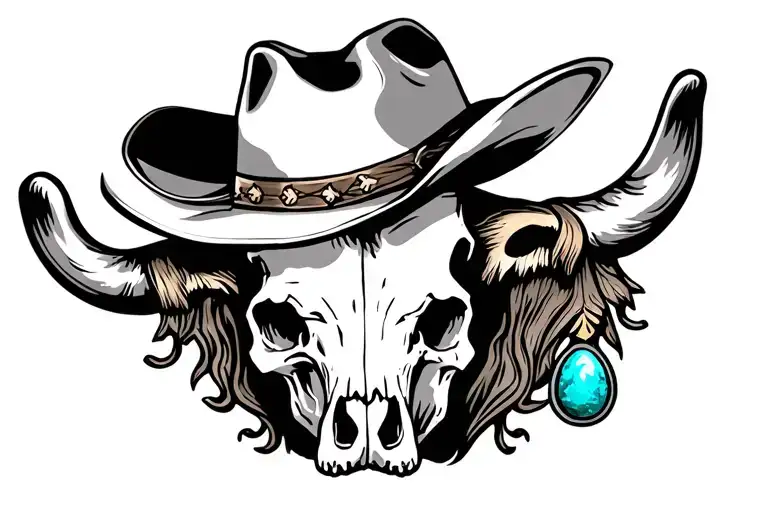 Western Cow Skull With Cowboy Hat And Truquoise