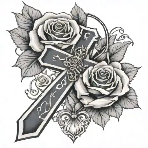 Cross Tattoo With Roses And Date 07 80 57 Sign Made