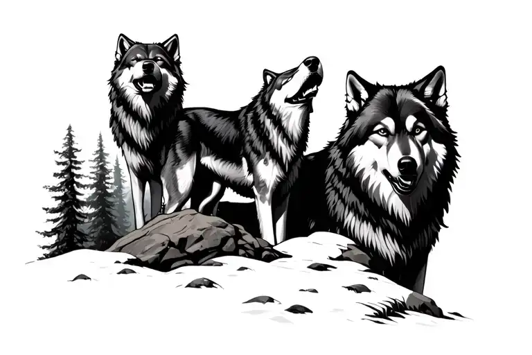3 Wolves In Dark Forest With One Wolf Howling On A Rock