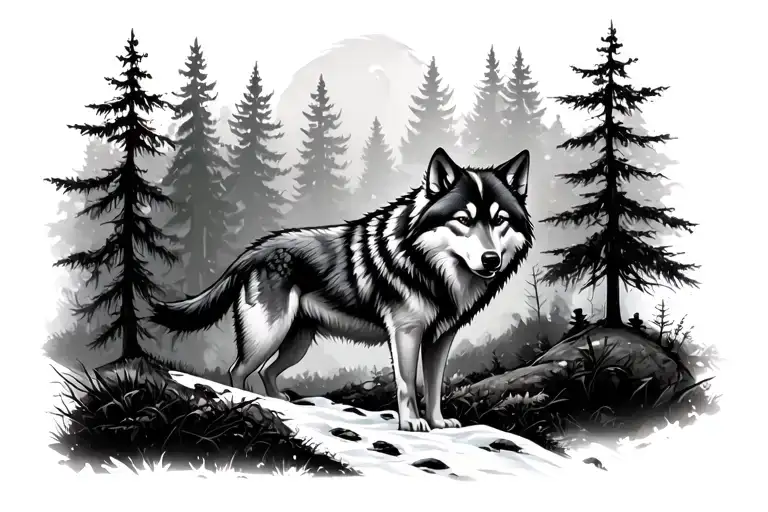 Dark Forest Landscape With A Wolf In The Background