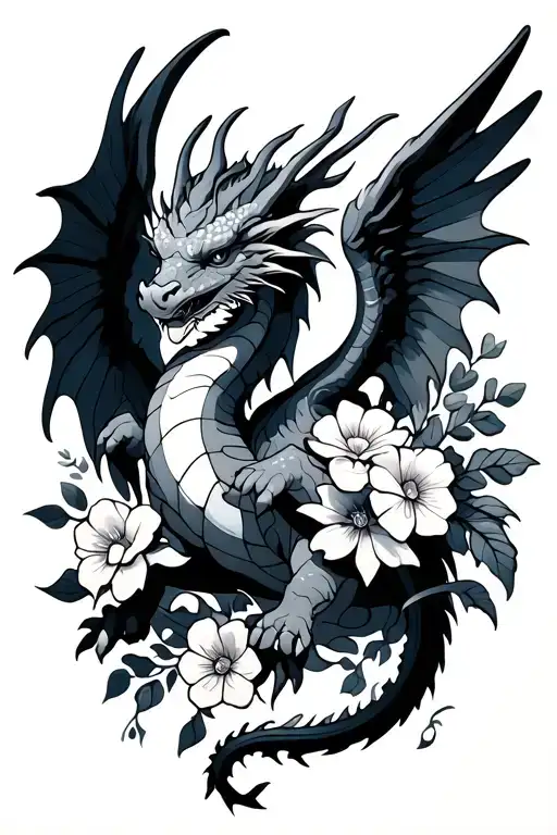 Dragon With Wings And Flowers Intertwined