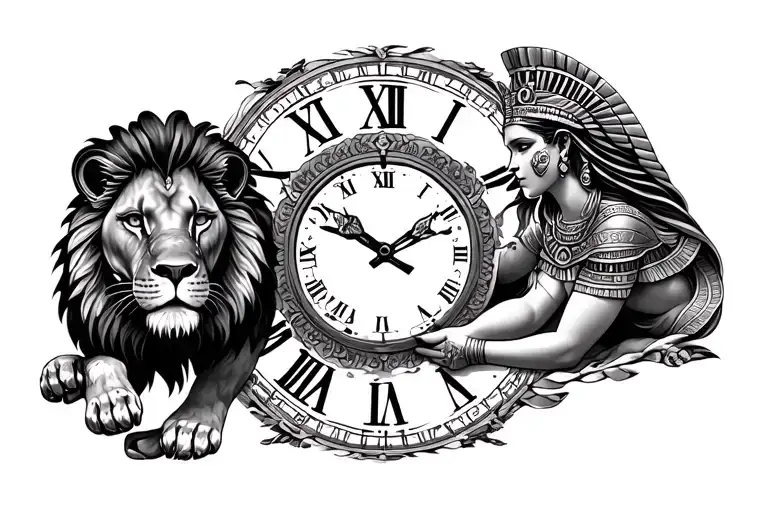 Eygyptian Goddes Staring At A Lion Surrounded By A Roman Numeral Clock
