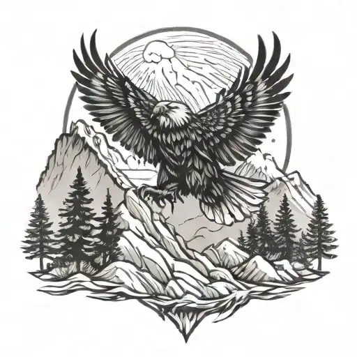 Mountain And Pine Trees Adventure Theme With Small Eagle Soaring