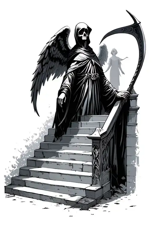 Grim Reaper Holding A Scythe And Stairs To An Angel