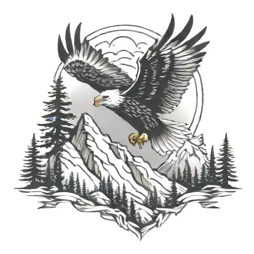 Mountain And Pine Trees Adventure Theme With Small Eagle Soaring