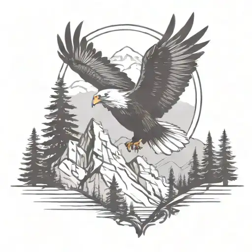 Mountain And Pine Trees Adventure Theme With Small Eagle Soaring