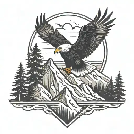 Mountain And Pine Trees Adventure Theme With Small Eagle Soaring