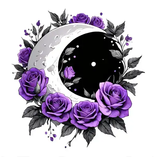 Crescent Moon Surrounded By Purple Roses