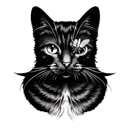 Line Art Of A Cat Silhouette With A Bee On The Nose