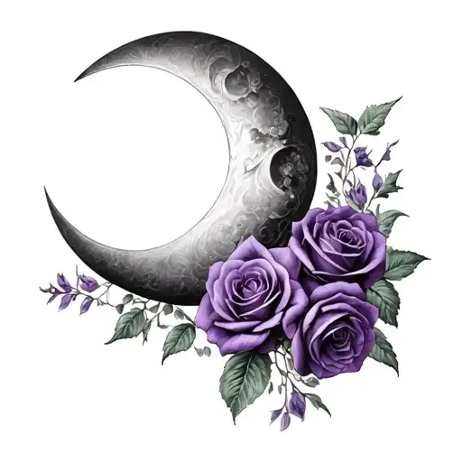 Crescent Moon Surrounded By Purple Roses