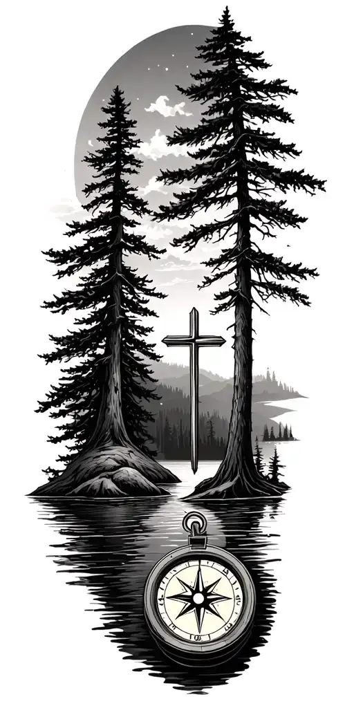 Trees And Lake With A Compass And Cross