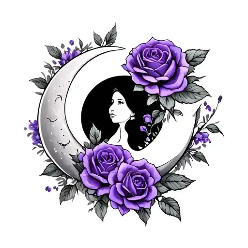 Crescent Moon Surrounded By Purple Roses