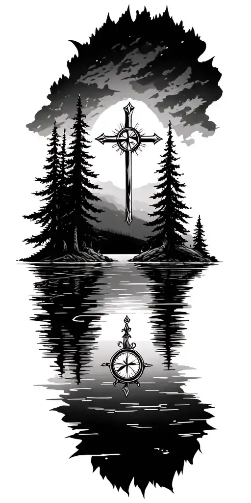 Trees And Lake With A Compass And Cross Surrounded