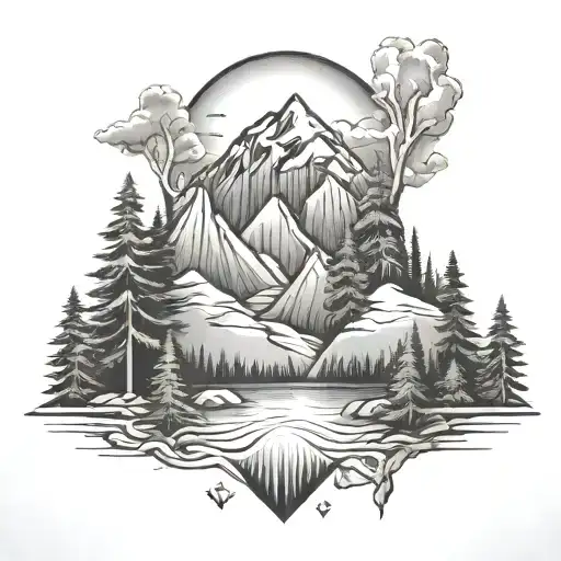 Mountain And Pine Trees Adventure Theme With A River Running Through It