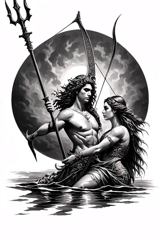 Poseidon's Trident With Artemis's Bow Hunting Scene