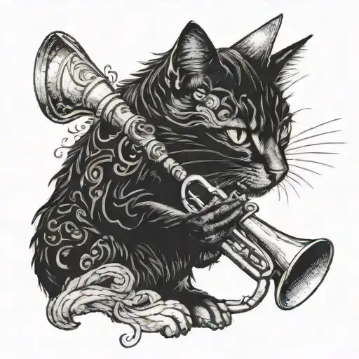 A Cat Playing A Trumpet In A Blackwork Style