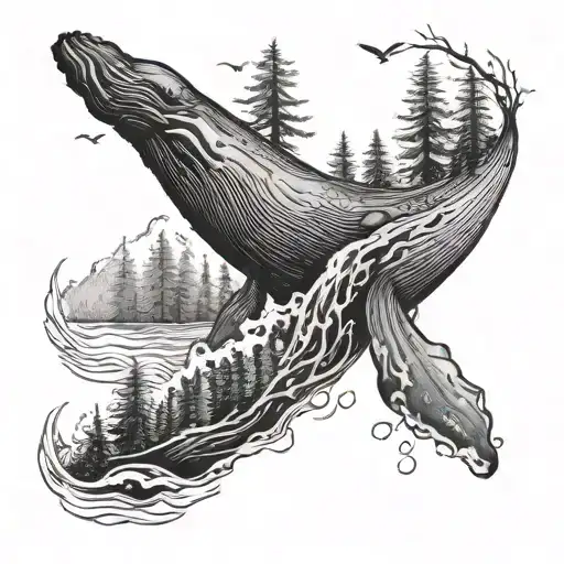 A Majestic Whale Swimming Among A Forest Of Towering Trees