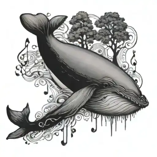 Majestic Whale Swimming Through A Forest Filled With Musical Notes