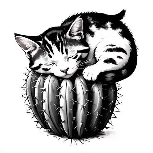 Tattoo Of A Cat Sleeping On A Cactus Simple Design