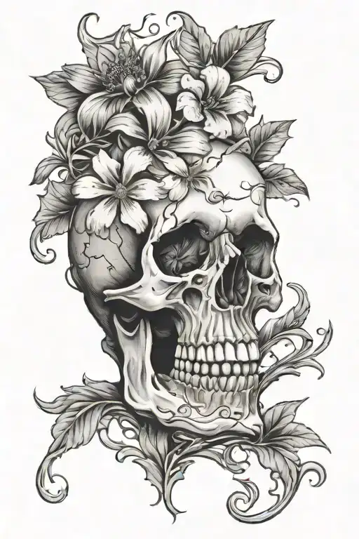 Skull With A Dying Flower And Petals Falling With Vines