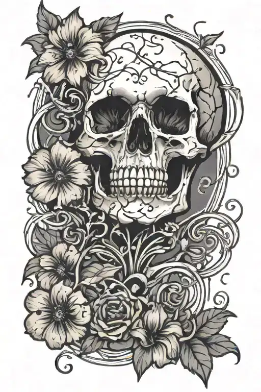 Skull With A Dying Flower With Petals Falling Off And Vines