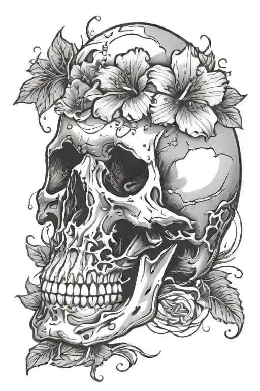 Skull With A Dying Flower With Petals Falling Down