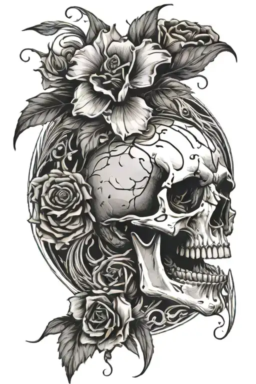 Skull With Gunshot Wound And A Dying Flower With Petals Falling Down