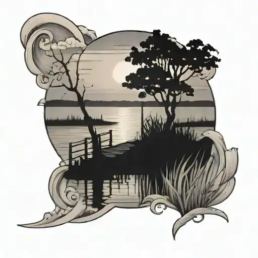 Marsh With A Dock And The Sunset