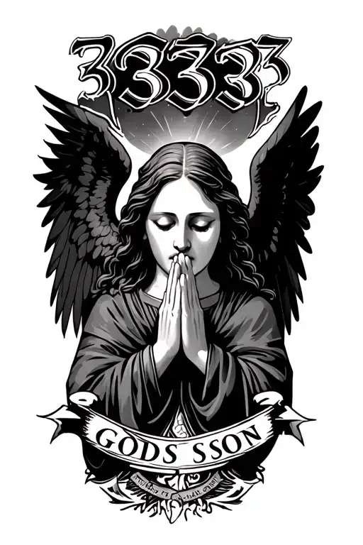 Use The Number 333 And The Words Gods Son With Dark Angel Praying And For Outer Forearm