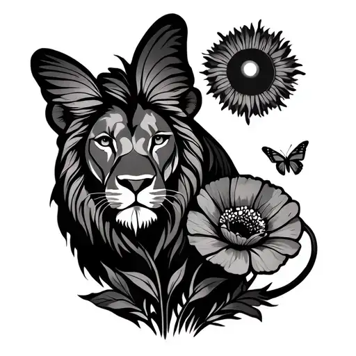 Sun Behind A Lion With A Poppy And A Butterfly