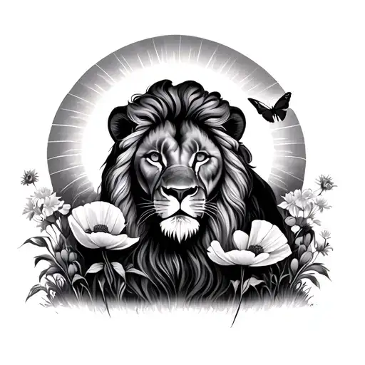 Sun Behind A Lion With A Poppy And A Butterfly Emerging