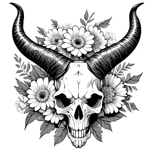 Long Horn Skull Surrounded With Marigolds And Chrysanthemums