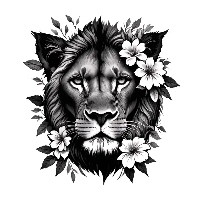 Give Half The Face Of Lioness And Flowers