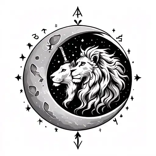 Leo And Sagittarius Zodiac Symbol Inside A Crescent Moon