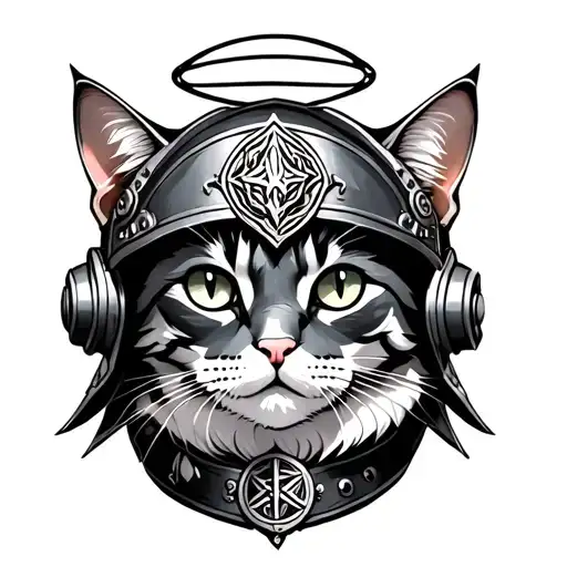 Cat With Halo Game Helmet Wearing A Witcher Medallion Collar