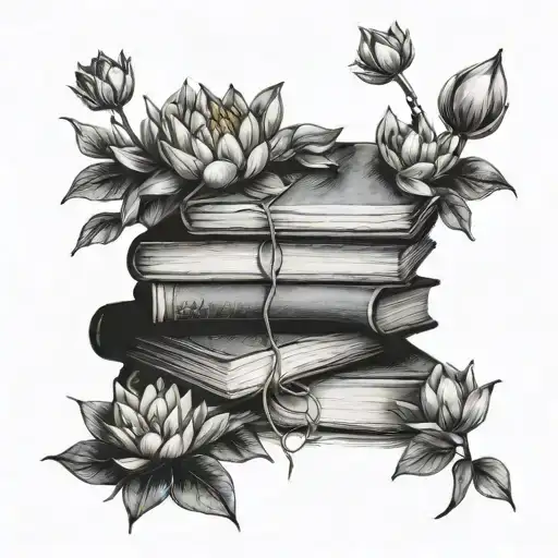 A Stunning Black-grey Tattoo Of A Stack Of Books With Water Lilies Blooming Out Of Them