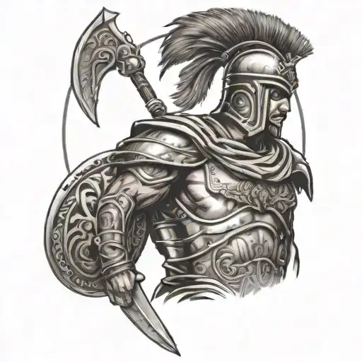 A Big Brown Eye Wirha Greek Warrior In Full Armor With A Shield And Spear