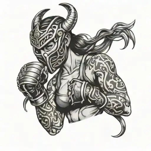Female Fighter With Demon Slayer Mask And Muay Thai Gloves