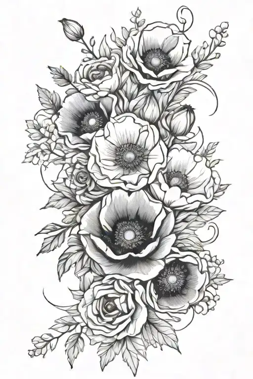 Flower Bouquet Fine Line With Poppy In Center