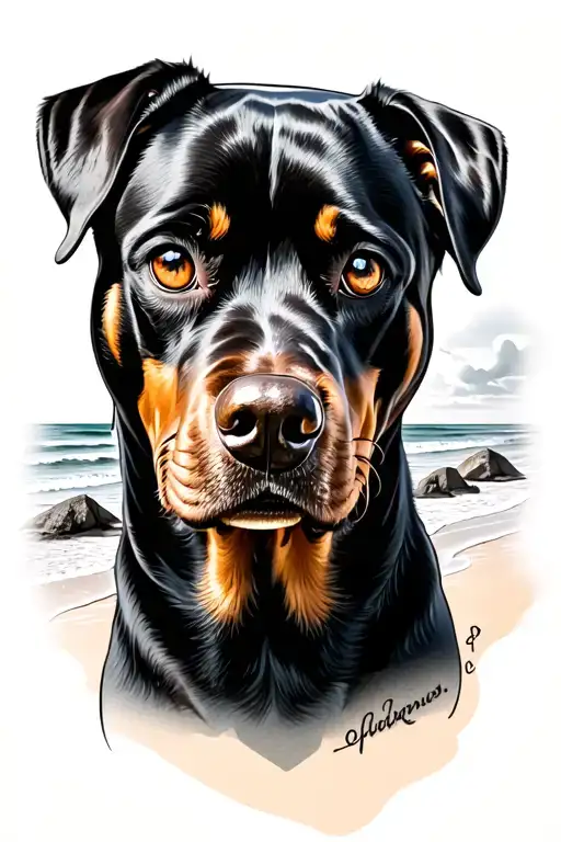 Rottweiler Face With A Beach Scene In His Eyes
