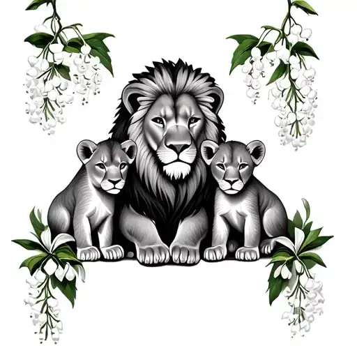 Male Lion And Two Cubs Surrounded By Lily Of The Valley And Hawthorn