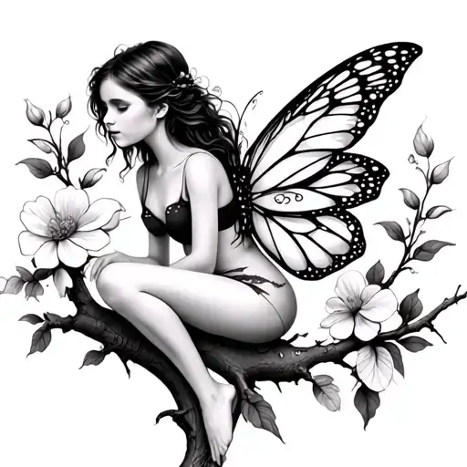 Fairy Sitting On A Branch With Flowers