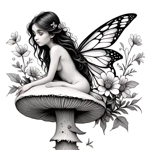 Fairy Sitting On A Mushroom With Flowers