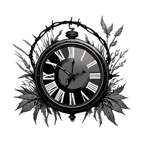 A Clock Surrounded By Barbed Wire And Some Plants