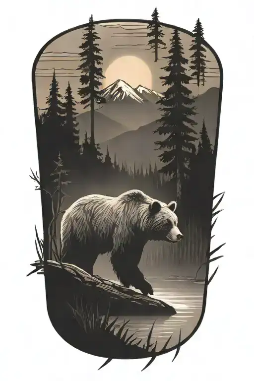 Rayscale Of A Grizzly Bear In The Woods Crossing A River On A Log In Front Of A Mountain Sunset